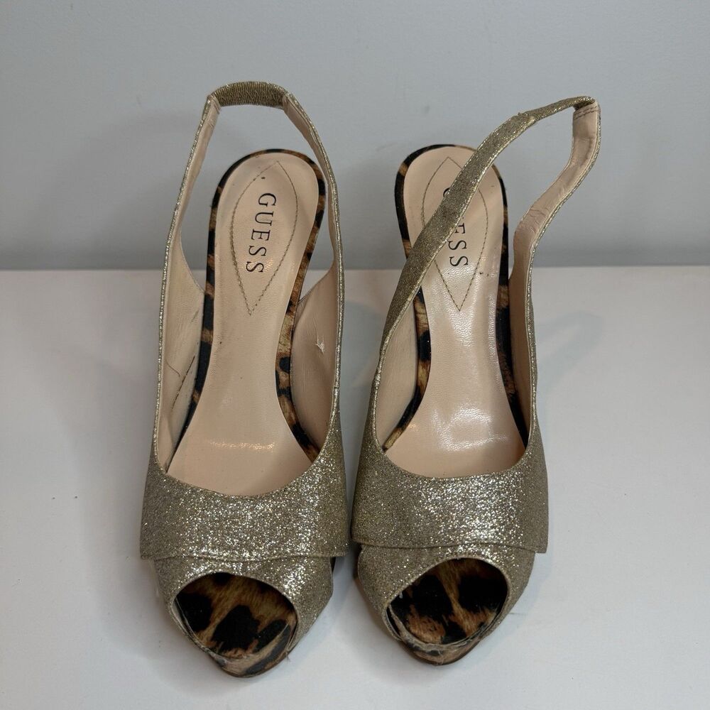 Guess Platform Ankle Sandals Womens Gold Glitter High Heels Leopard Heels 7.5